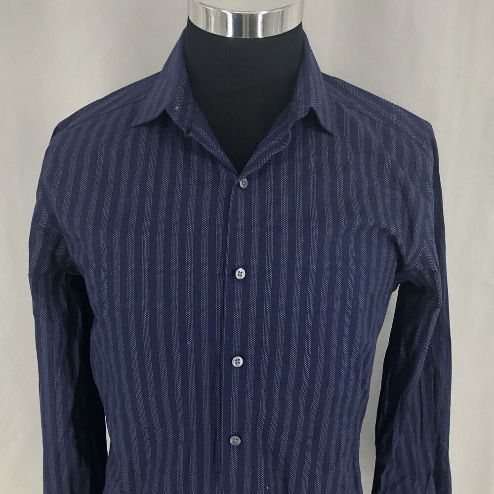 Bar III Slim-Fit Stretch Blue Striped Long Sleeve Button Up Dress Shirt 15-15.5